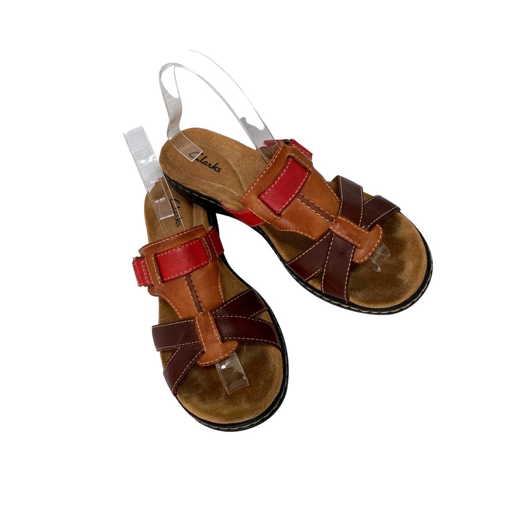 Clarks Strappy Slide Sandals Womens 8W Brown Red Leather Excellent Colorblock